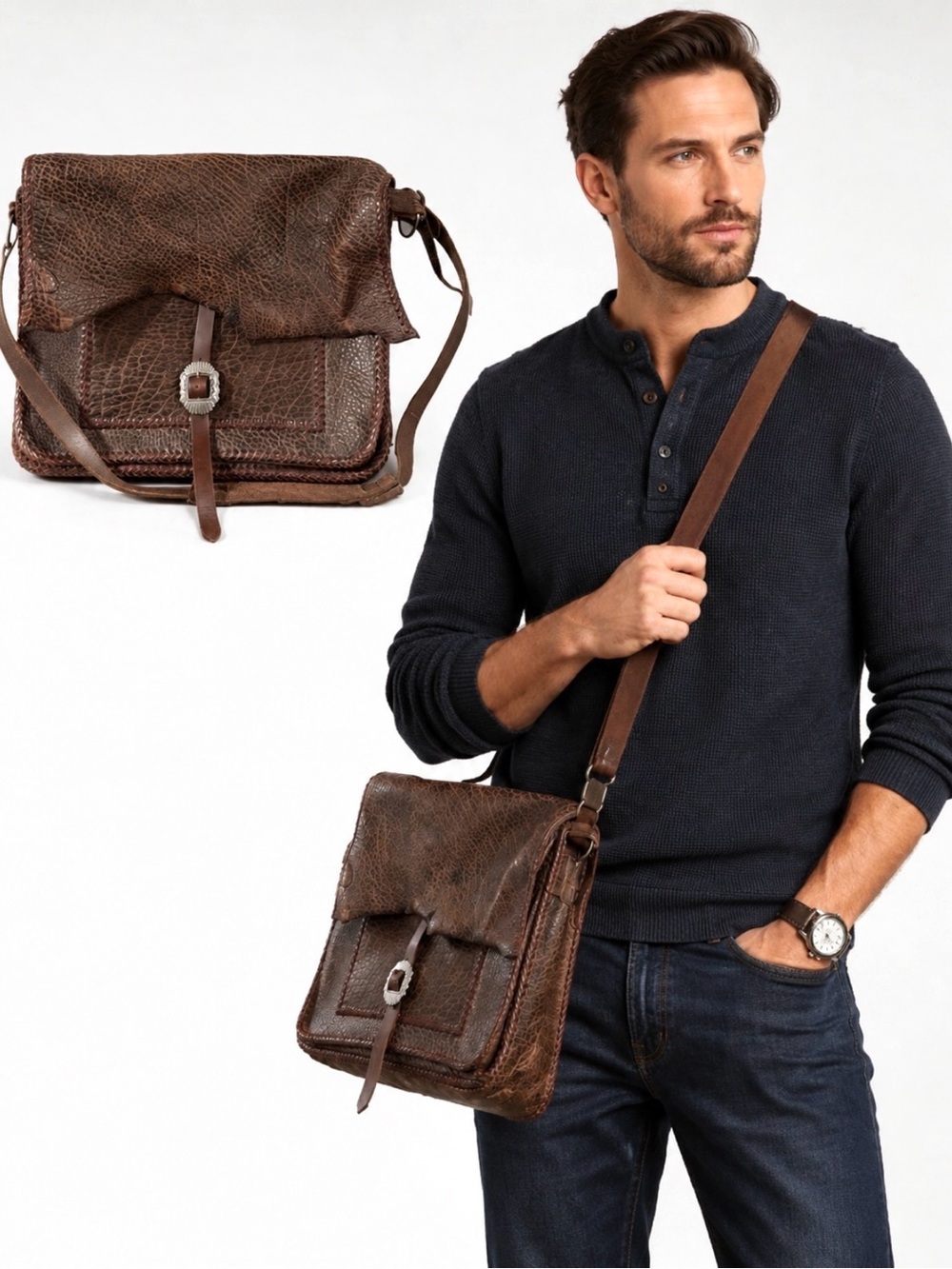 Artisan Handmade Leather Messenger Bag ā Rustic Distressed Brown